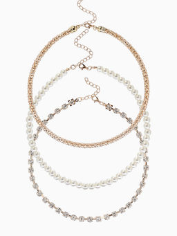 Чокеры «Стиль», набор 3 шт. бусины №8, со стразами, тянется, 35 + удлинитель 5 см, белый в золоте