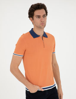 Turuncu Slim Fit Fermuarl_ Polo Yaka Triko T-shirt