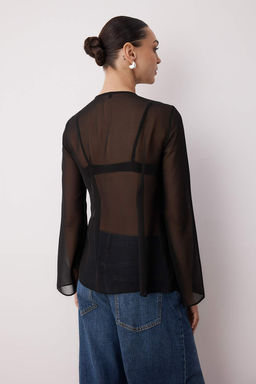 Siyah Sifon Transparan Baglama Detayl? Dokuma Bluz TWOAW26BZ00118 - Trendyolmilla фото 4