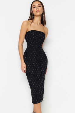 TRENDYOLMILLA Siyah Vucuda Oturan Astarl? Parlak Tasl? Dokuma S?k Abiye Elbise TPRSS23EL00476 фото 2