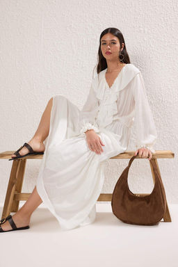 Ekru Beli Lastikli F?rf?rl? Boho Maxi Dokuma Elbise TWOSS25EL00864