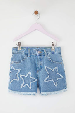 Ac?k Mavi K?z Cocuk %100 Pamuk Y?ld?z Detayl? Lastikli Denim Sort & Bermuda TKDSS25SR00035