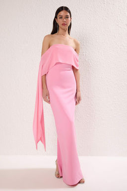 TRENDYOLMILLA Ac?k Mavi Carmen Yaka Dokuma Uzun S?k Abiye Elbise TPRSS25AE00115