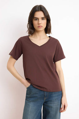 Ekru-Kahverengi %100 Pamuk 2li Paket Regular Kal?p Basic V Yaka Orme T-Shirt TWOSS23TS00002