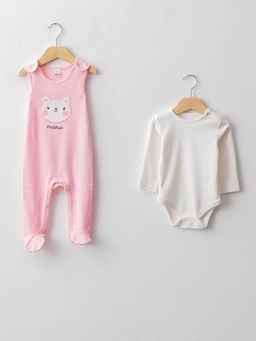 Bisiklet Yaka Pamuklu K?z Bebek ??t??tl? Body ve Salopet 2li Tak?m