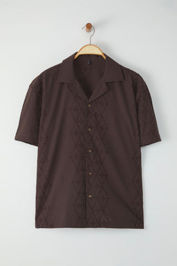 Kahverengi Oversize Fit Nak?sl? Brode Yazl?k Islemeli Gomlek TMNSS25GO00049