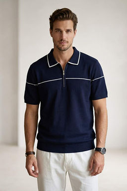 Lacivert Regular/Normal Kesim Biye Detayl_ Fermuarl_ Triko Polo Yaka T-Shirt TMNSS26TS00020