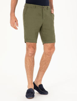 Льняные шорты стандартного кроя цвета хаки с эластичной резинкой на талии - Cacharel фото 2