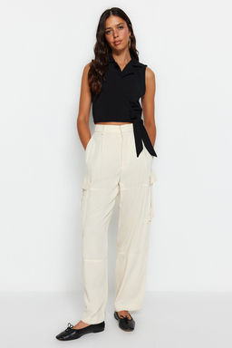 Siyah Baglamal? Crop Dokuma Keten Gorunumlu Bluz TWOSS23BZ00550