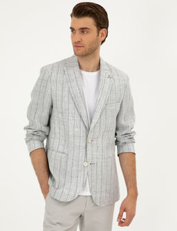 Gri Slim Fit %100 Keten _izgili Ceket