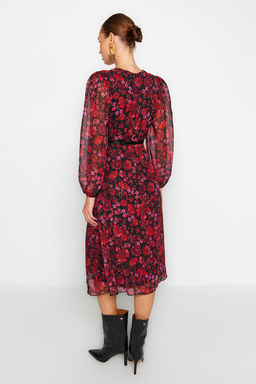 TRENDYOLMILLA Bordo Kemerli A Kesim Midi Kruvaze Yaka Desenli Sifon Dokuma Elbise TWOAW24EL00660  фото 15