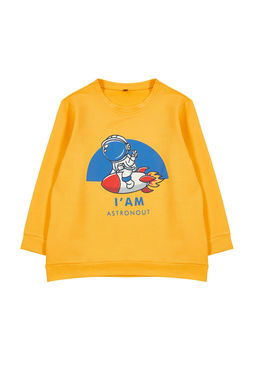 Sar? Erkek Cocuk Mevsimlik-Ince Galaktik Desenli Bisiklet Yaka Orme Sweatshirt TKDAW25SW00005