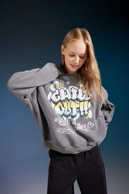 Моющийся свитшот с круглым вырезом и принтом Cool Oversize с эффектом выцветания - Defacto фото 4