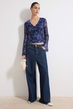 Cok Renkli Boho/Boho Chic Bask?l? V yaka Ispanyol Kol Tul Esnek Orme Bluz TWOAW26BZ00239