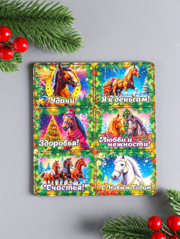 Набор магнитов на холодильник 6 шт. «Конь новогодний: Удачи», 6×4.5 см
