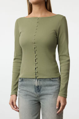 Haki Dugme Detayl? Bisiklet Yaka Fitilli Esnek Regular Boy Orme Bluz TWOAW25BZ00030