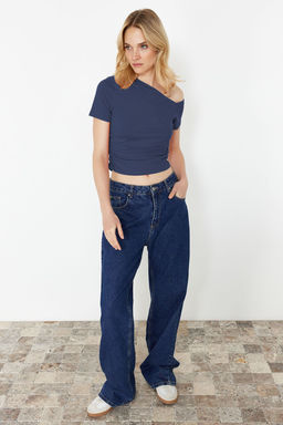 Indigo Buzgulu Asimetrik Yaka Esnek Orme Bluz TWOSS24BZ00073