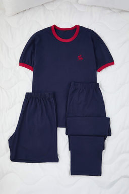 Lacivert 3lu Paket Regular Fit Kontrast Detayl? Nak?sl? Orme Pijama Tak?m? TMNAW26PT00045