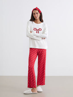 Bisiklet Yaka Fiyonk Bask?l? Kad?n Pijama Tak?m?