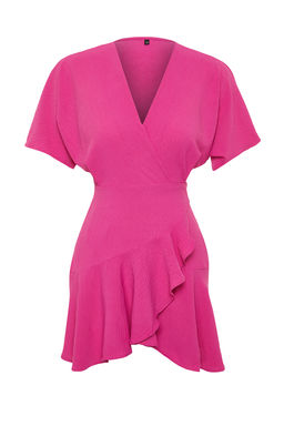 Pembe Kruvaze Etegi Volanl? Mini Dokuma Elbise TWOSS24EL00342 - Trendyolmilla фото 7