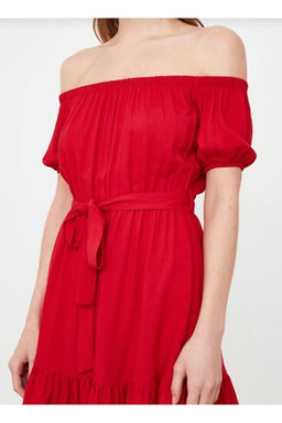 K?rm?z? Kusakl? Carmen Yaka A Kesim Mini Dokuma Elbise TWOSS20EL2135