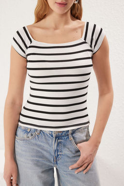 Siyah Cizgili Fitted/Vucuda Oturan Carmen Yaka Esnek Orme Bluz TWOSS25BZ00002 - Trendyolmilla фото 3