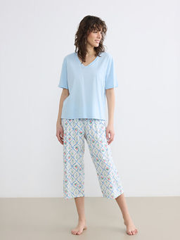 V Yaka Desenli Kad?n Kaprili Pijama Tak?m?