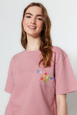 Trendyolmilla Pembe %100 Pamuklu Slogan Bask?l? Sortlu Orme Pijama Tak?m? THMSS23PT00173