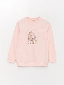 Bisiklet Yaka Bask?l? Uzun Kollu K?z ?ocuk Sweatshirt