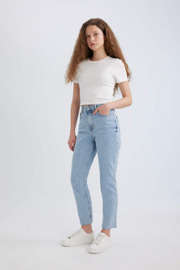 Джинсовые брюки прямого кроя Mary Vintage длиной до щиколотки с высокой талией и потертостями - Defacto фото 3