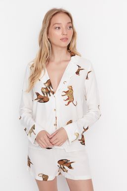 Trendyolmilla Ekru Kaplan Desenli Viskon Sortlu Dokuma Pijama Tak?m? THMAW21PT0340 фото 9
