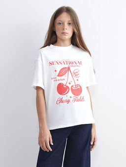 Bisiklet Yaka Bask?l? K?z ?ocuk Ti??rt