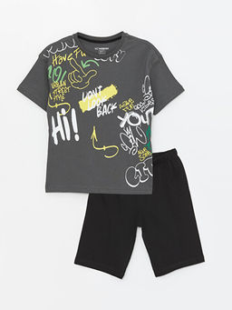 Bisiklet Yaka Bask?l? K?sa Kollu Erkek ?ocuk ?ortlu Pijama Tak?m?