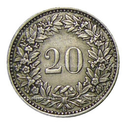 Монета 20 раппенов 1939 года Швейцария