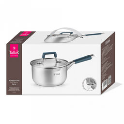 Ковш из нержавеющей стали "Ковентри" 1,6л, s0,6мм, дно s2,8мм, стеклянная жаропрочная крышка, обод крышки с перфорацией, ручки с силиконовыми вставками, цветная коробка, "TalleR" (Китай)