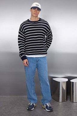 Lacivert Casual Unisex Bisiklet Yaka _izgili Triko Kazak TMNAW25KZ00025