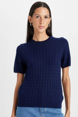 Regular Fit Bisiklet Yaka Sac Orgulu K?sa Kollu Triko Kazak