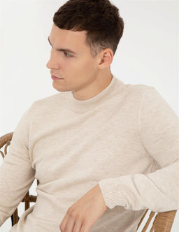 Krem Melanj Slim Fit Yar_m Bal_k__ Yaka Basic Triko Kazak