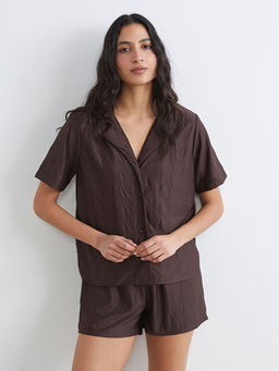 G?mlek Yaka Desenli Kad?n ?ortlu Pijama Tak?m?