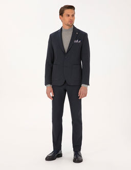 Lacivert Slim Fit Flanel Dokulu Kuma_ Pantolon