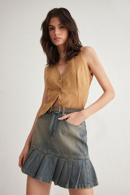 TRENDYOLMILLA Mavi Soluk Efekt Vintage Pileli Mini Denim Skater Etek TWOSS25ET00003