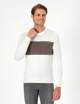 Ekru Slim Fit Bisiklet Yaka Y_n Kar___ml_ Triko Kazak