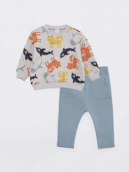 Bisiklet Yaka Uzun Kollu Bask?l? Erkek Bebek Sweatshirt ve Pantolon 2li Tak?m