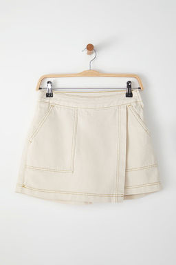 Ekru Kruvaze Normal Bel Mini Denim Sort Etek TWOSS25SR00046