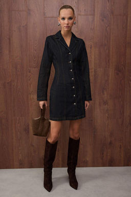 Ozel Koleksiyon Koyu Mavi Dikis Detayl? Mini Denim Elbise TWOAW26EL00047