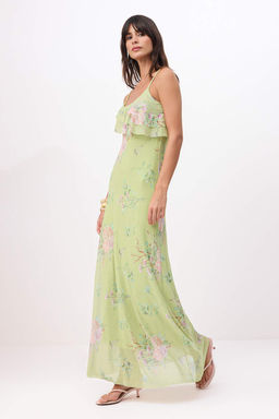 Yesil Cicekli A-Kal?p/Can Form Ince Ask?l? Volanl?/F?rf?rl? Maxi Orme Elbise TWOSS26EL00673