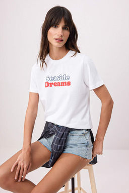 Ekru Slogan Regular/Normal Kal?p Dusuk Kol K?sa Kollu %100 Pamuk Orme T-Shirt TWOSS26TS00178