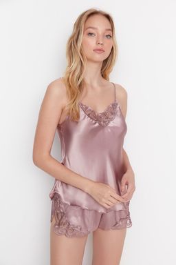 Trendyolmilla Siyah Dantelli Ip Ask?l? Saten Sortlu Dokuma Pijama Tak?m? THMAW21PT0843  фото 5