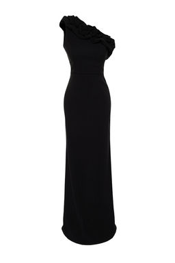 TRENDYOLMILLA Siyah Astarl? Volanl? Dokuma Uzun S?k Abiye Elbise TPRSS21AE0044  фото 7