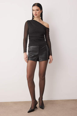 Siyah Par?lt?l? Tas Bask?l? Asimetrik Yaka Orme Party Bluz TPRAW26BZ00061 - Trendyolmilla фото 2